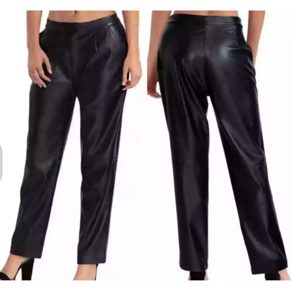Halston Faux leather Pants Darted Pockets Zip front High rise Mobwife Black 16